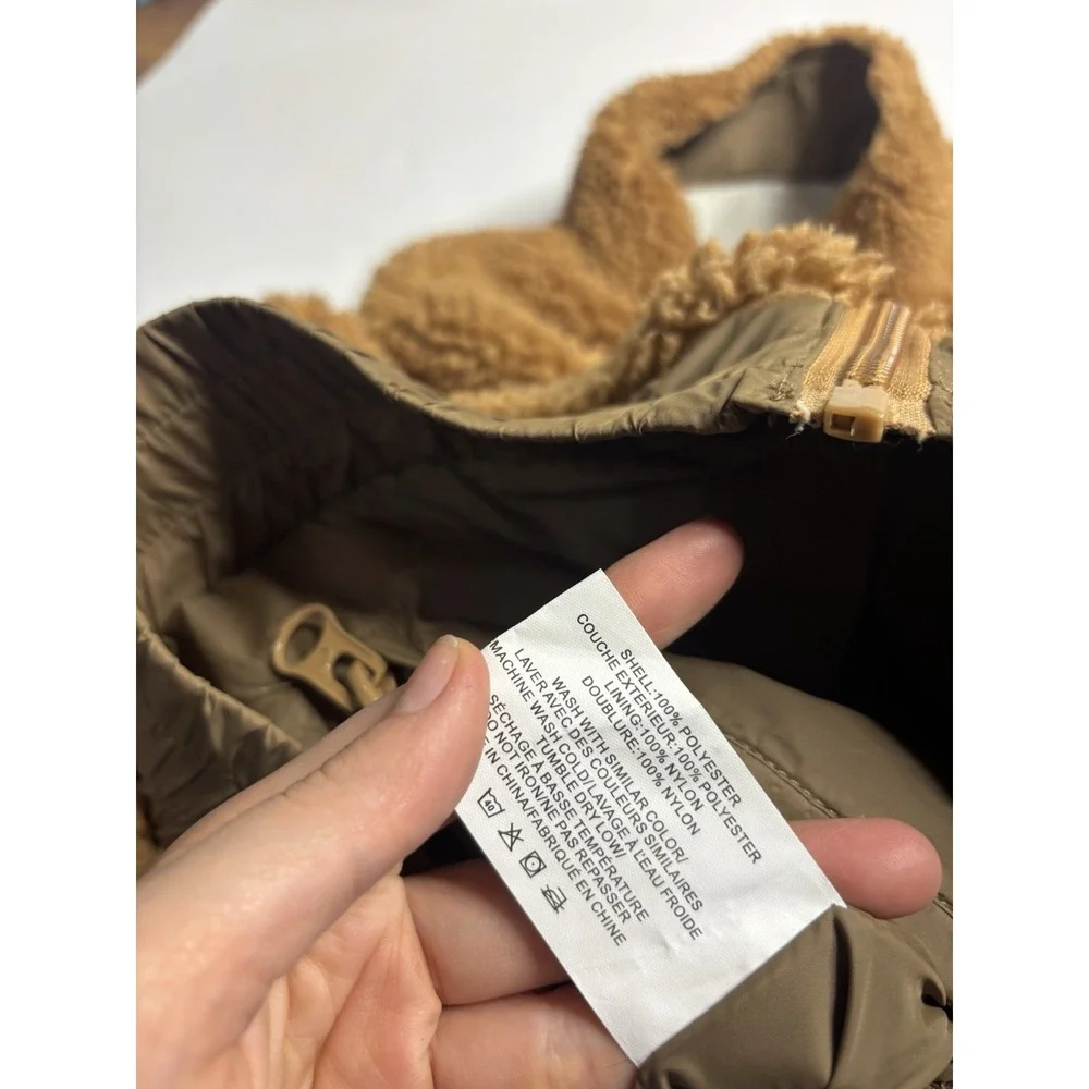 Zyia Reversible Sherpa Fleece Windbreaker Bomber Jacket Tan Cream Zip Up Women L